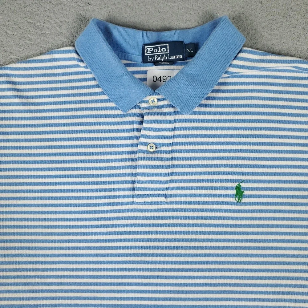 Ralph Lauren Polo Shirt Mens XL Blue Striped Pony Casual Short Sleeve DISTRESSED